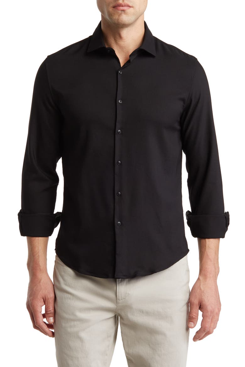 Black Solid Stretch Button-Up Shirt, Main, color, BLACK/ FLORAL INSERT