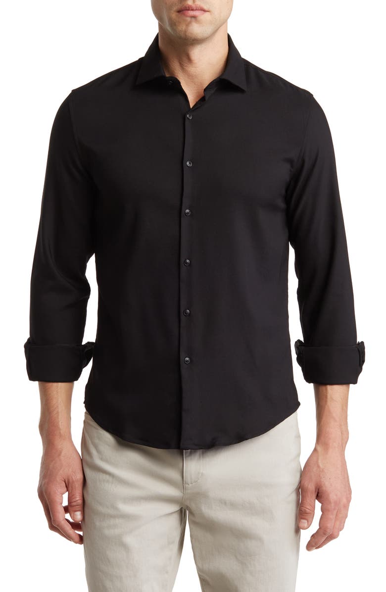 DENIM AND FLOWER Black Solid Stretch Button-Up Shirt, Main, color, Black/ Floral Insert