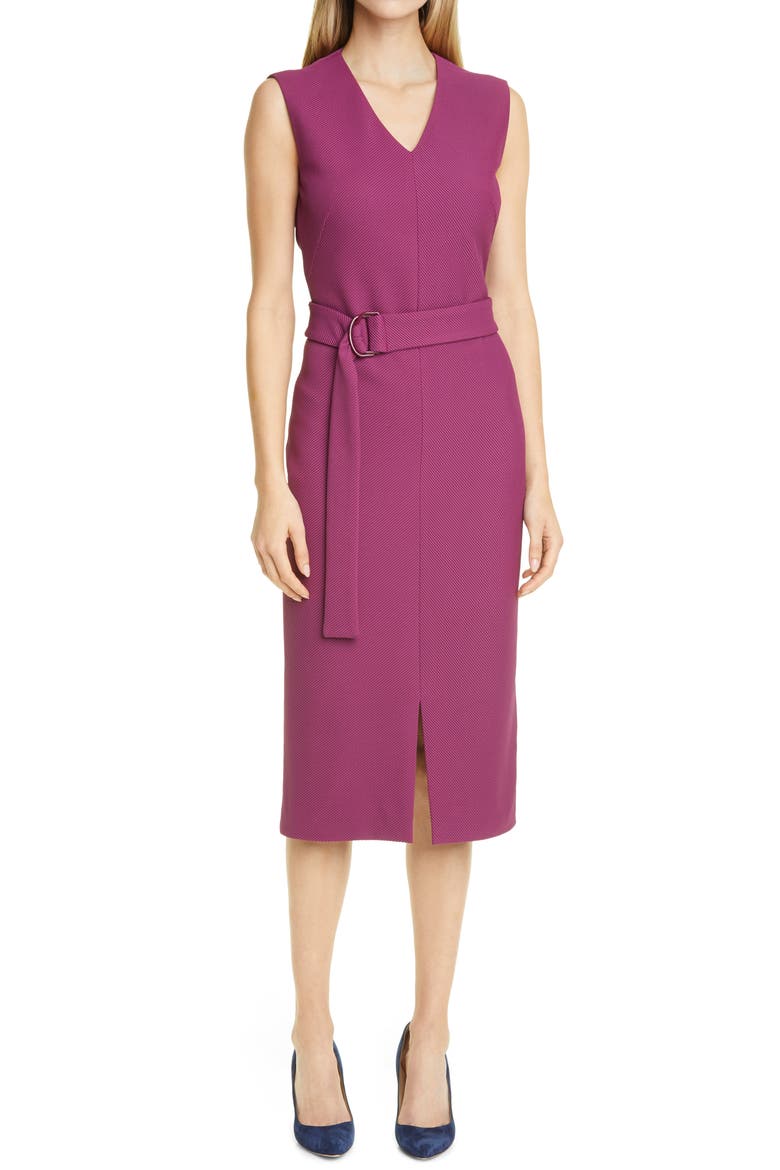 Dadorina Belted Front Slit Sheath Dress, Main, color, AUBERGINE