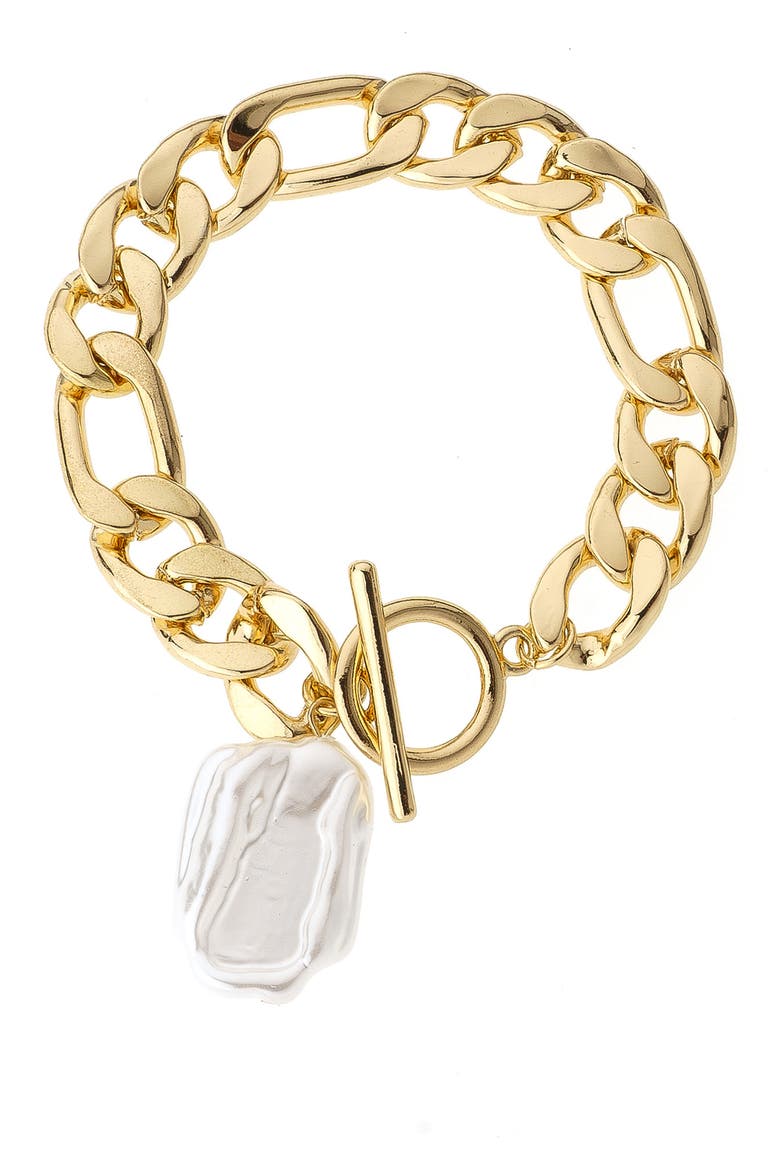 Imitation Pearl Curb Chain Toggle Bracelet, Main, color, GOLD
