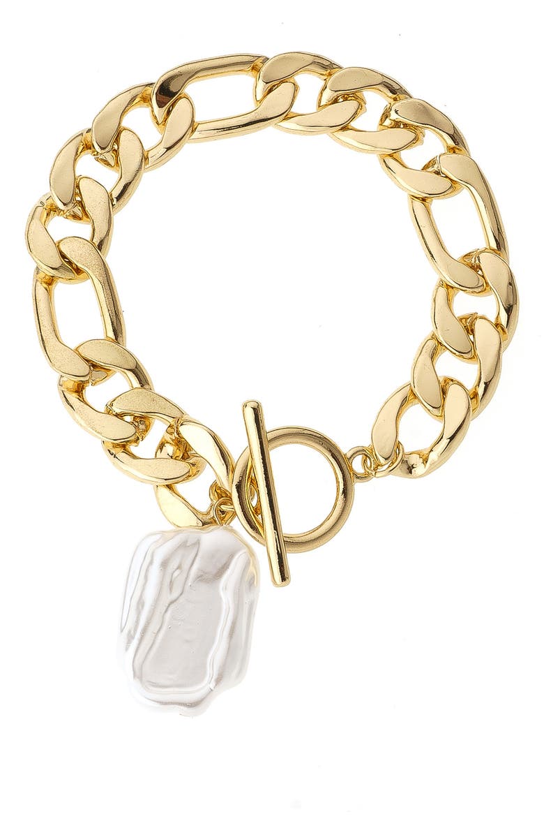 Ettika Imitation Pearl Curb Chain Toggle Bracelet, Main, color, 