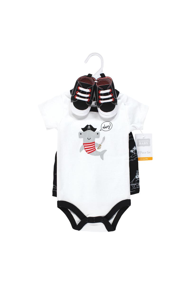 Hudson Baby Little Gent's Soft Cotton Bodysuit, Shorts & Footwear 3Pk, Alternate, color, Pirate Shark