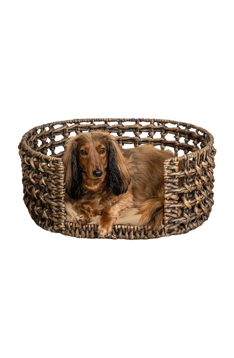 The Licker Store Gigi 24" x 18" Modern Handwoven Hyacinth Open-Weave Oval Pet Bed, Machine-Washable Cushion, Alternate, color, Brown