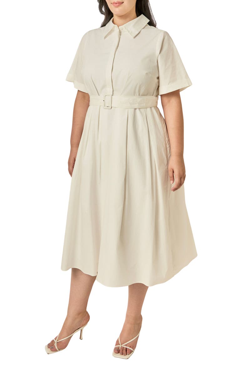 Belted Cotton Midi Dress, Alternate, color, WHITE