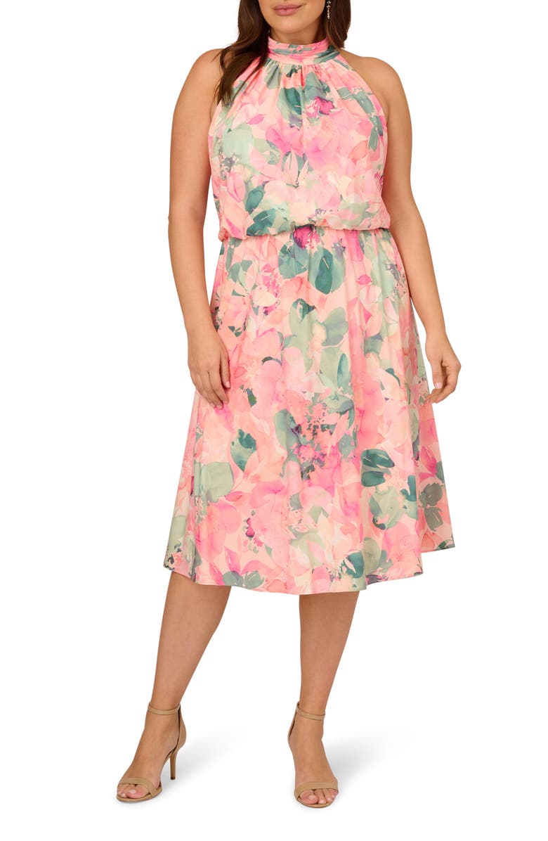 Adrianna Papell Floral Mock Neck Chiffon Cocktail Midi Dress, Main, color,