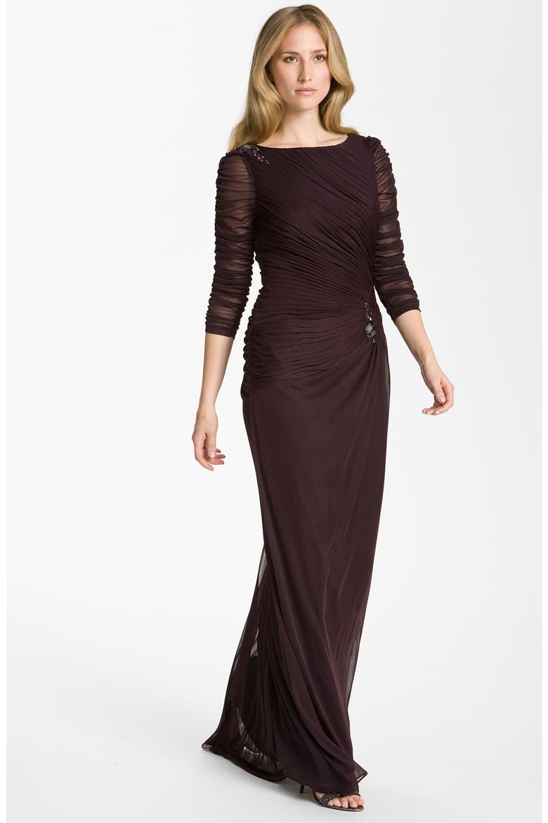 Sheer Sleeve Ruched Mesh Gown, Main, color, RAISIN