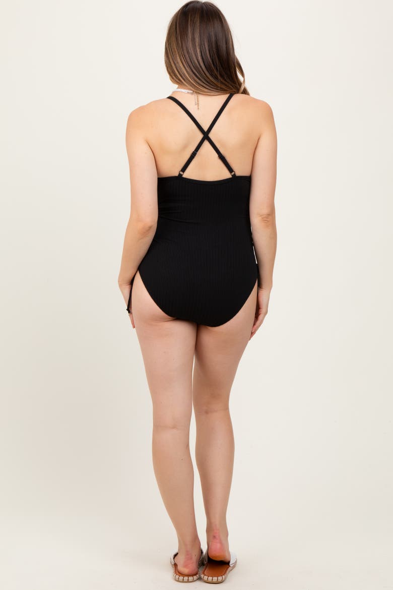 Ribbed O-Ring Strap Side Tie Swimsuit, Alternate, color, Black