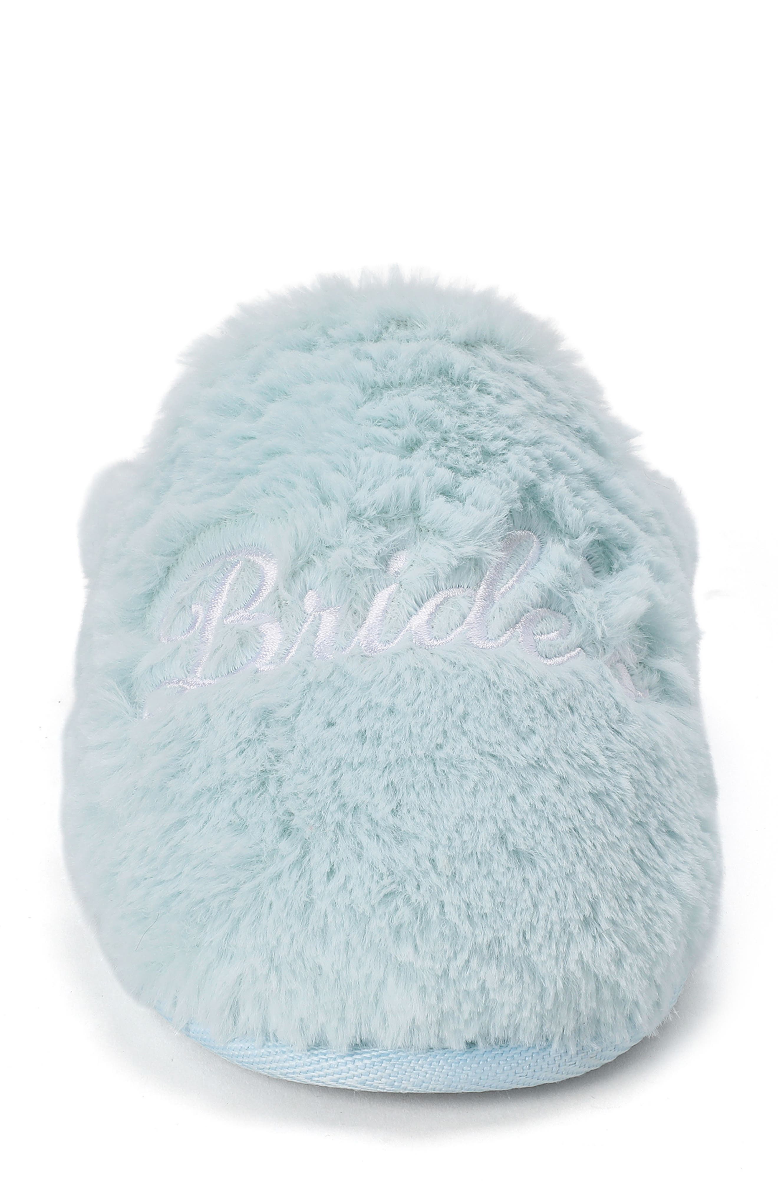 DEARFOAMS Bride Faux Fur Slipper, Alternate, color, Blue Wash