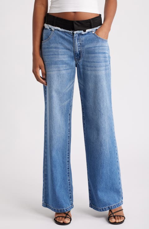 Contrast Waistband High Waist Wide Leg Jeans