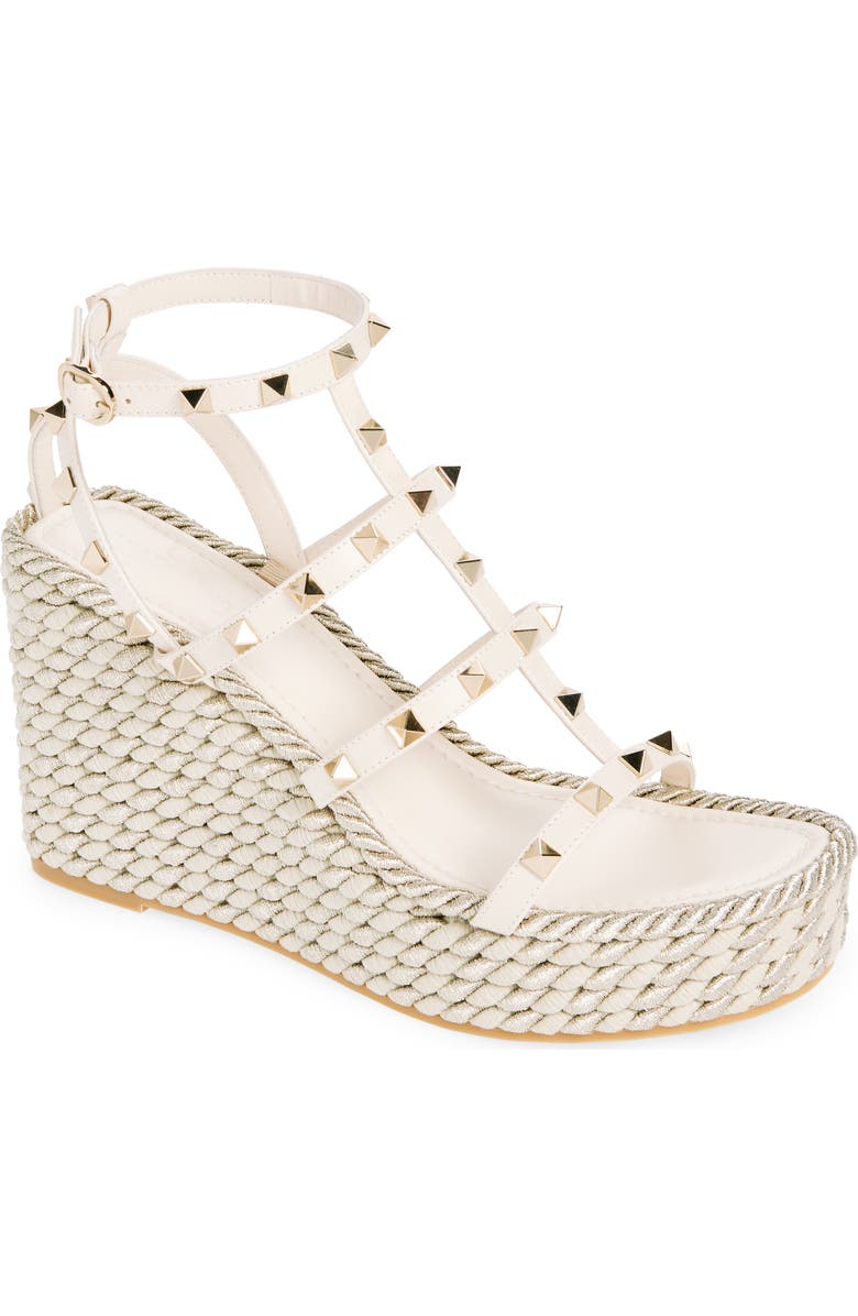 Valentino Garavani Rockstud Torchon Wedge Sandal, Main, color, Light Ivory
