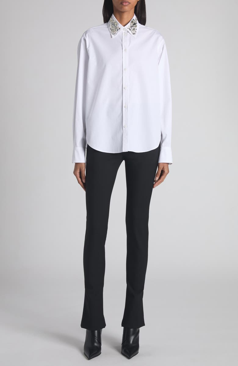 McQueen Crystal Embellished Cotton Poplin Button-Up Shirt, Alternate, color, Opticalwhite