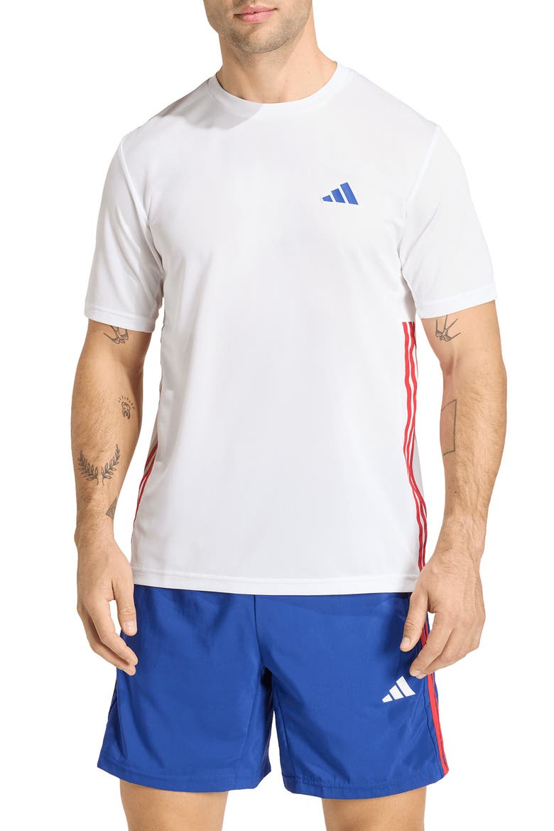 Workout Essentials Climacool 3-Stripes T-Shirt, Main, color, WHITE/ BETTER SCARLET