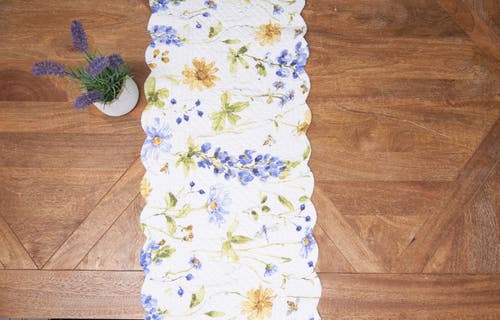 C & F Home C&f Home Lovely Blues Cotton Rectangle Table Runner 14" X 51" Floral Design All Seasons Kitchen Dini In White