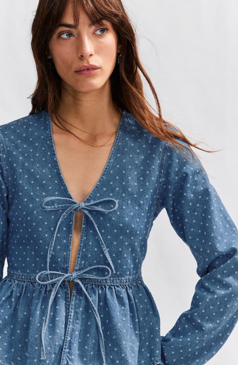 Polka Dot Tie Front Peplum Denim Top
