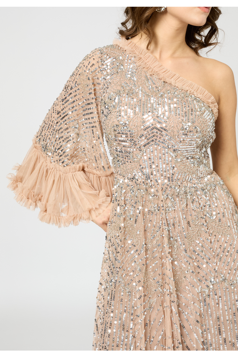 One Shoulder Embellished Sequin Beaded Maxi Dress, Alternate, color, TAUPE BLUSH