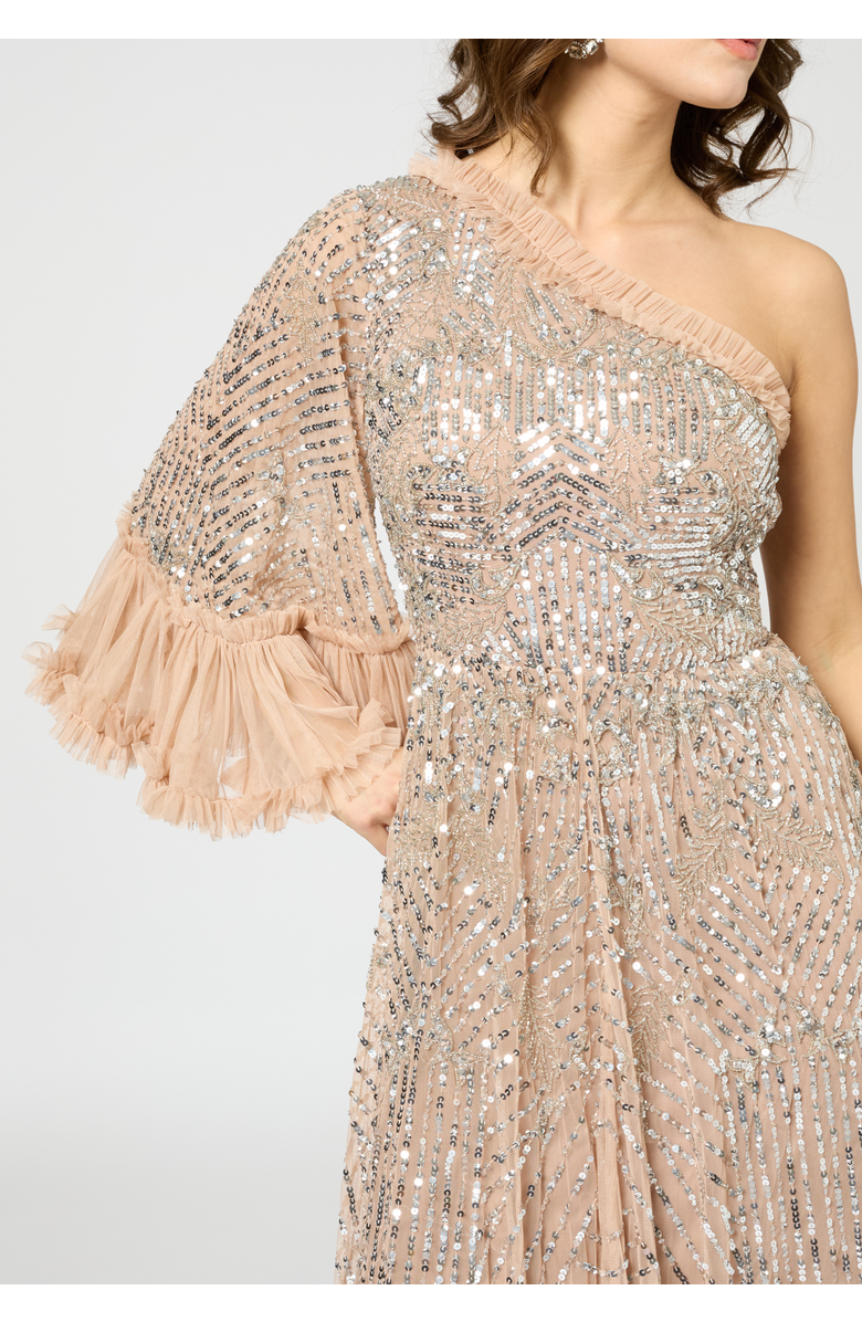 BEAUUT One Shoulder Embellished Sequin Beaded Maxi Dress, Alternate, color, Taupe Blush