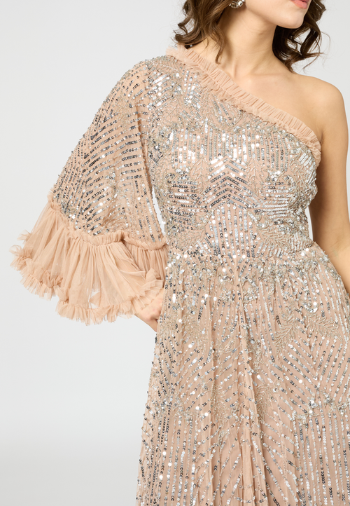Beauut One Shoulder Embellished Sequin Beaded Maxi Dress In Neutral