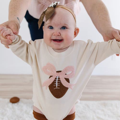 Sweet Wink Bow Football Patch Long Sleeve Romper In Neutral