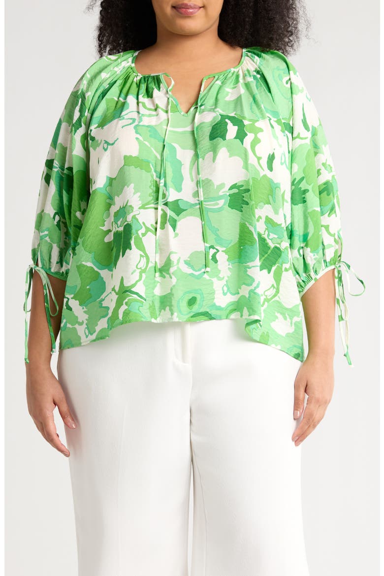 Floral Tie Keyhole Balloon Sleeve Top, Main, color, GREEN