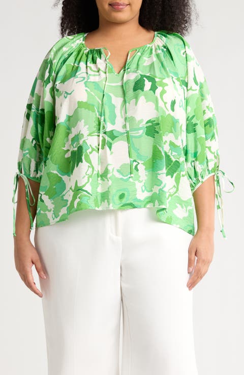 Floral Tie Keyhole Balloon Sleeve Top (Plus)