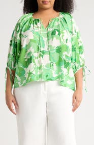 Renee C Floral Tie Keyhole Balloon Sleeve Top