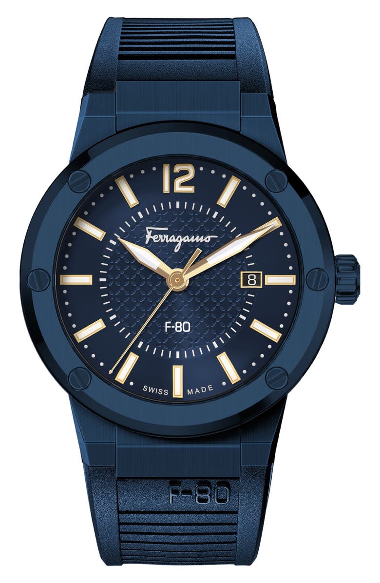 FERRAGAMO Men's F-80 Silicone Strap Watch, 44mm, Main, color, 