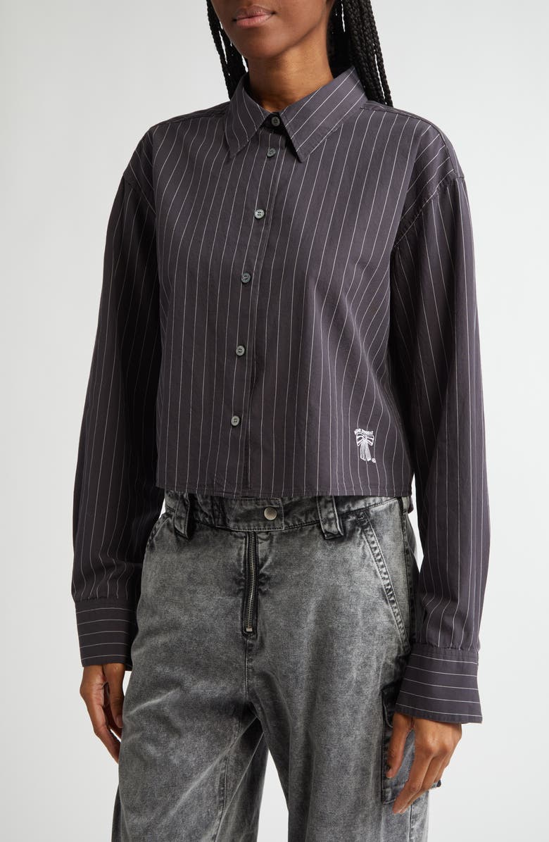 Acne Studios Satai Stripe Crop Organic Cotton Poplin Button-Up Shirt, Alternate, color, Black/ White J83