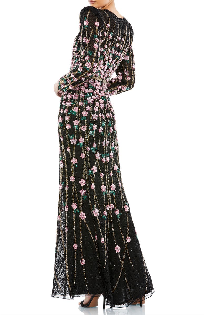 Mac Duggal Floral Embellished Mesh Gown with High Neck & Sheer Long Sleeves, Alternate, color, Black Multi