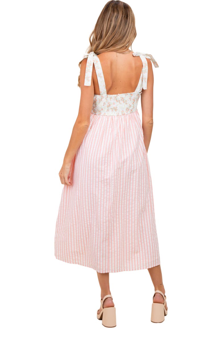 PinkBlush Floral Contrast Stripe Shoulder Tie Midi Dress, Alternate, color, Peach