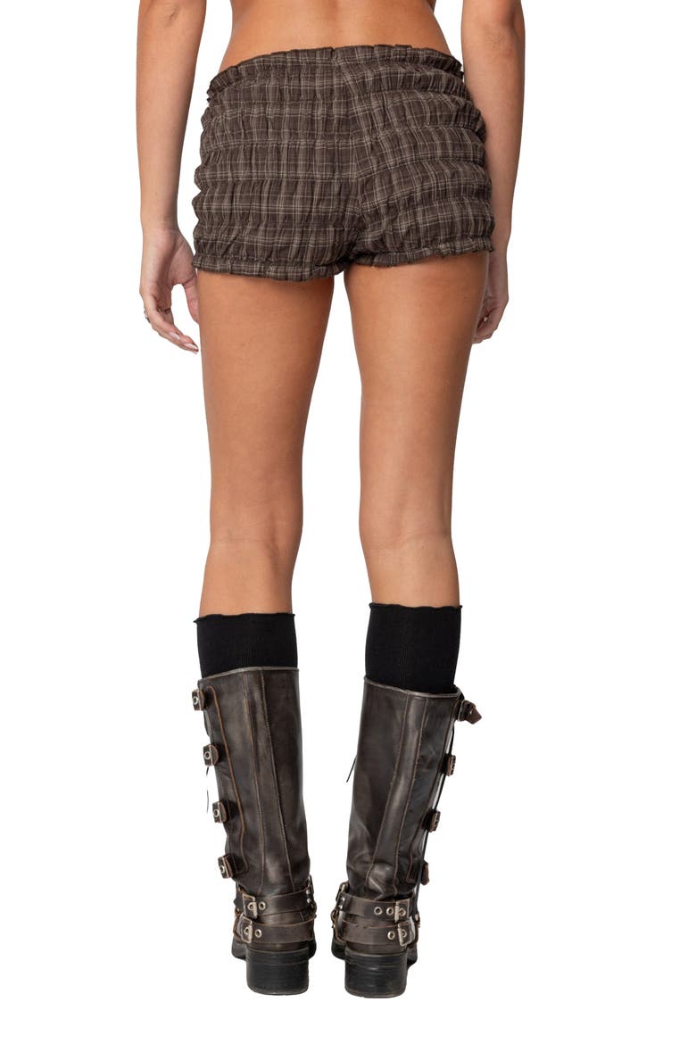 Plaid Ruched Shorts, Alternate, color, BROWN