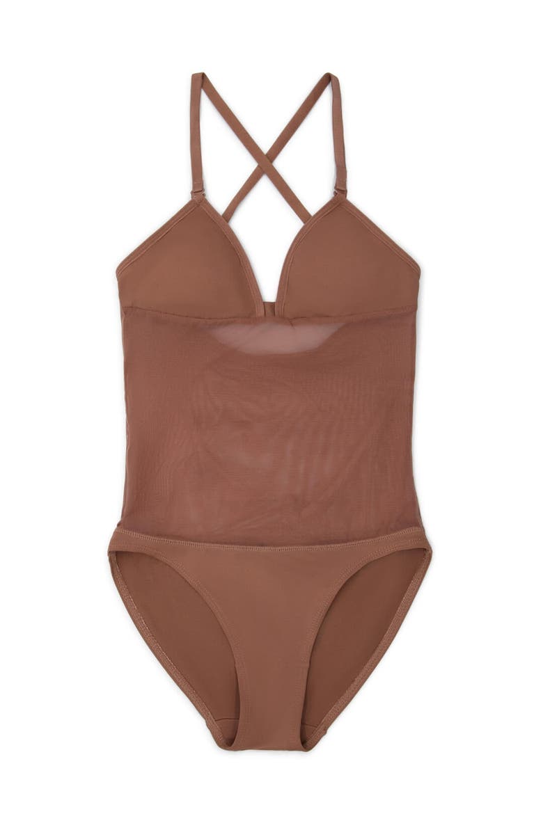 Plunge Neck Mesh Midriff Leotard, Alternate, color, dark beige