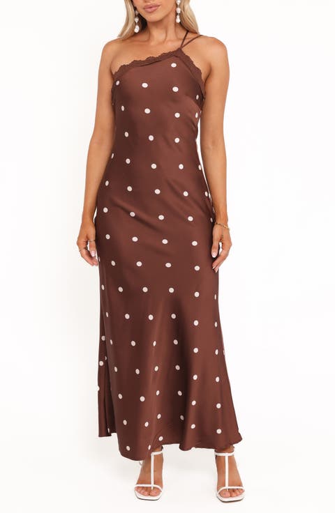 Anika Dot One-Shoulder Satin Maxi Dress