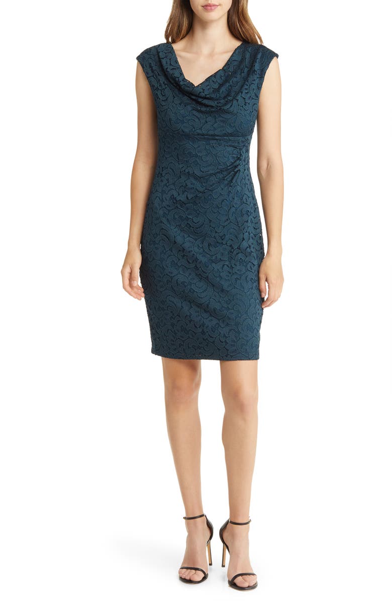 Connected Apparel Cowl Neck Lace Overlay Sheath Dress, Main, color,