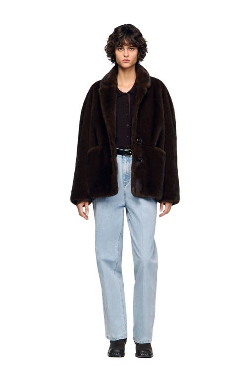 Sandro Faux Fur Coat Jacket In Brown