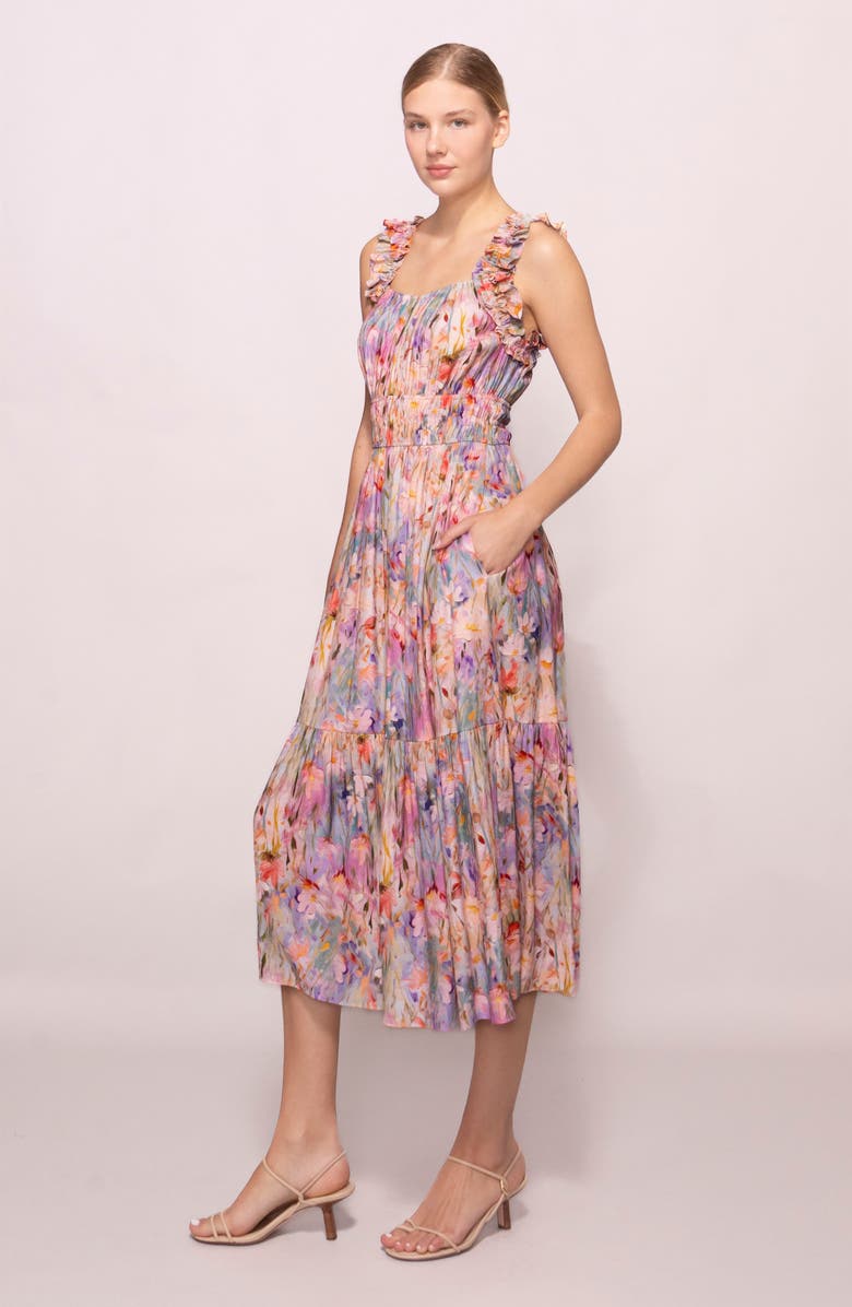 MELLODAY Floral Ruched Tiered Dress, Alternate, color, Abstract Multi
