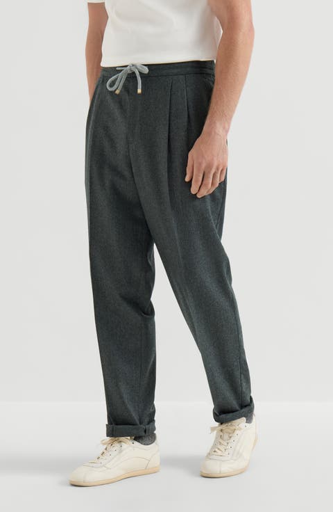 Virgin wool flannel trousers with drawstring and double pleats