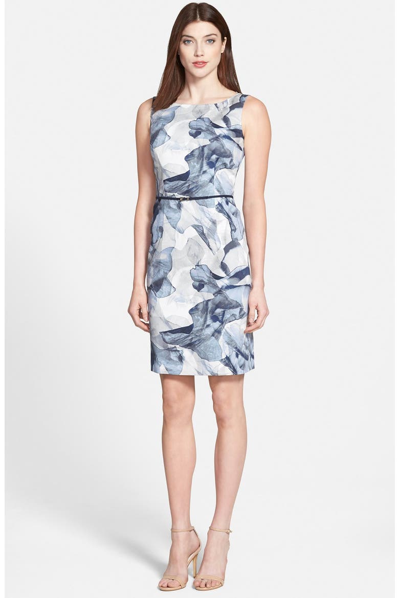 'Dinoma' Belted Sheath Dress, Main, color, FADED FLOWER NAVY