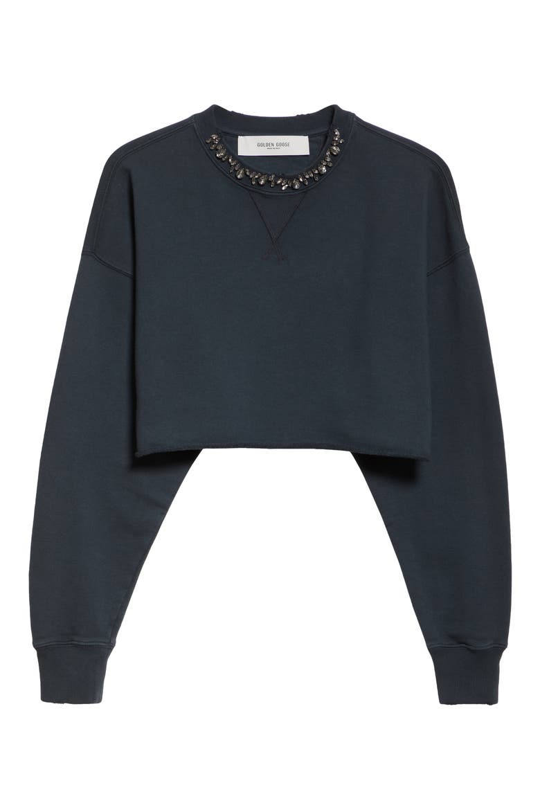 Crystal Embellished Cotton Crop Sweatshirt, Alternate, color, WASHED BLACK