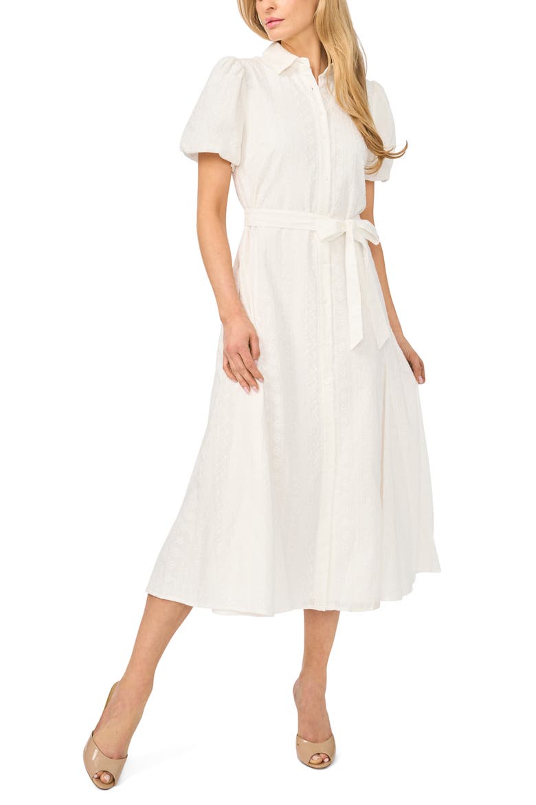 Embroidered Puff Sleeve Cotton Button-Up Shirtdress, Main, color, NEW IVORY