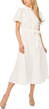 CeCe Embroidered Puff Sleeve Cotton Button-Up Shirtdress
