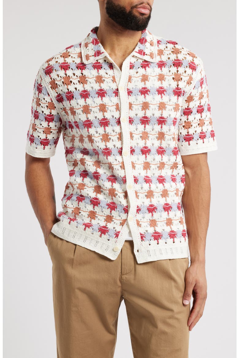 Porto Short Sleeve Cotton Blend Button-Up Shirt, Main, color, ECRU / MULTI