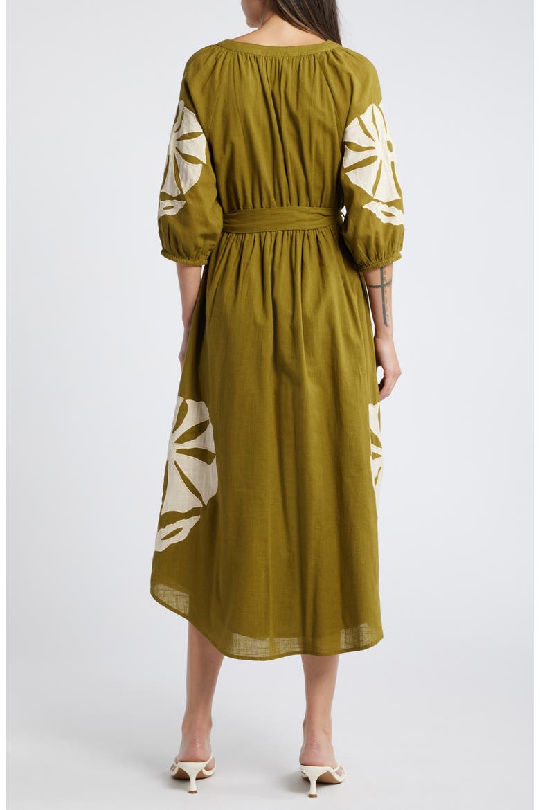 Tiana Embroidered Cotton Midi Dress, Alternate, color, GREEN/ TAN