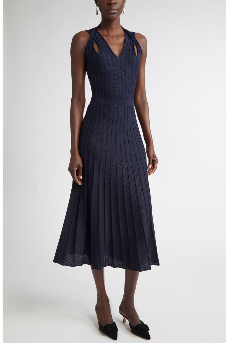Diagonal Knit Fit & Flare Dress, Main, color, NAVY