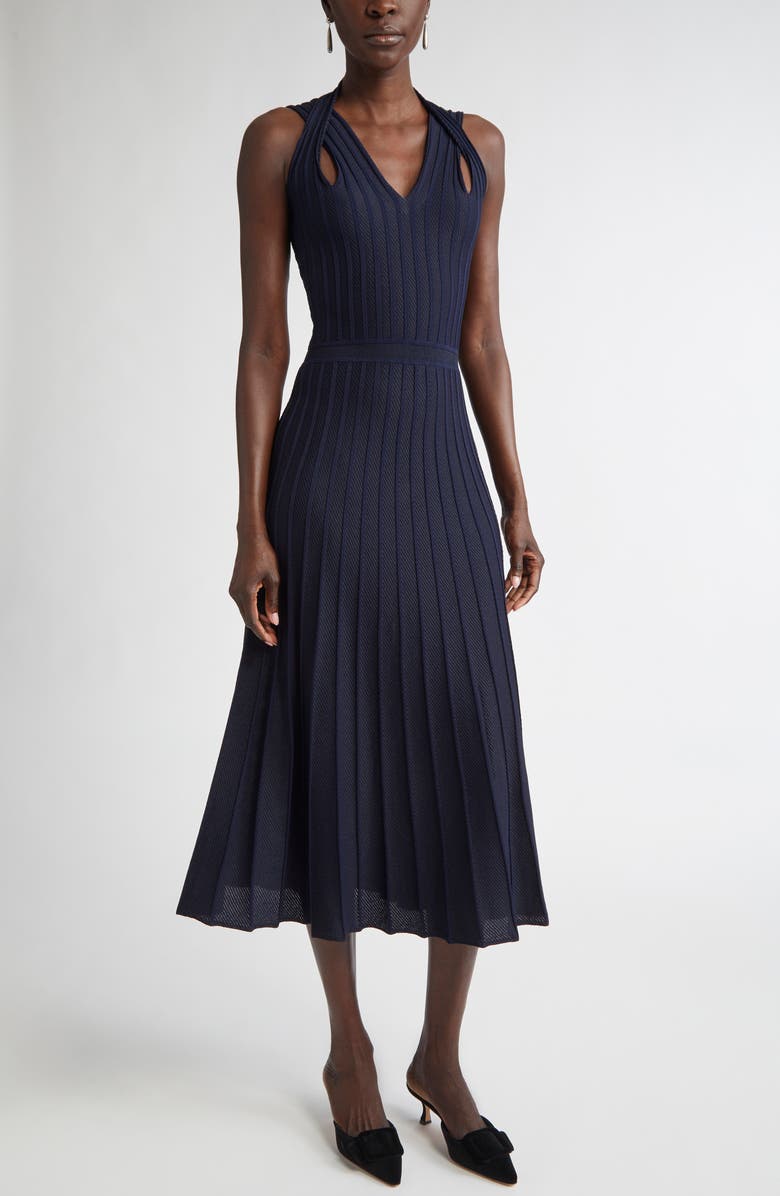 ST. JOHN Diagonal Knit Fit & Flare Dress, Main, color, Navy