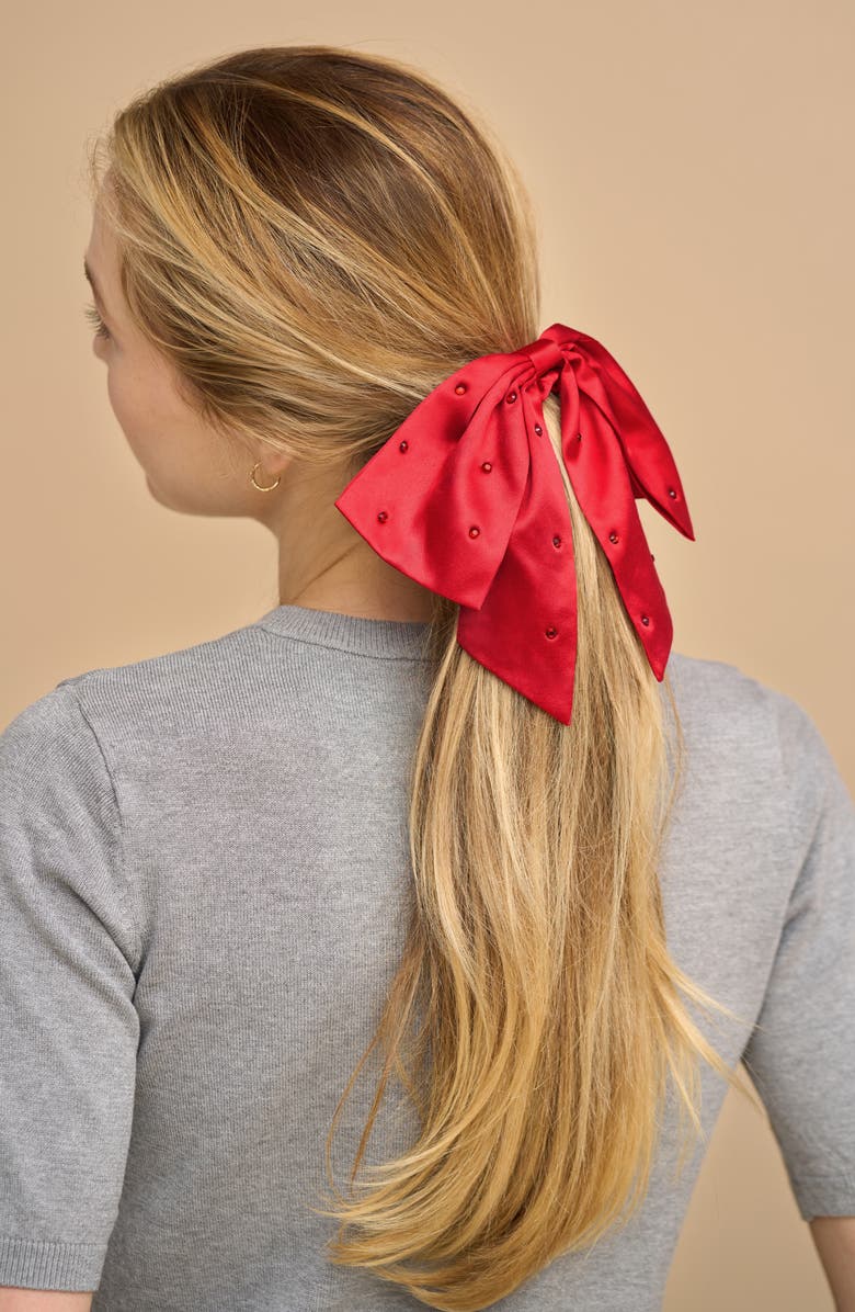 Kitsch Satin Rhinestone Bow Scrunchie, Alternate, color, Red