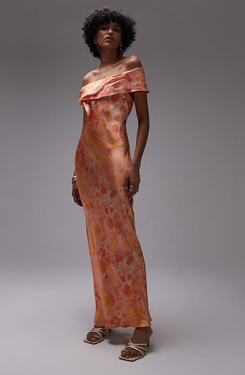 Abstract Print Off the Shoulder Satin Maxi Dress