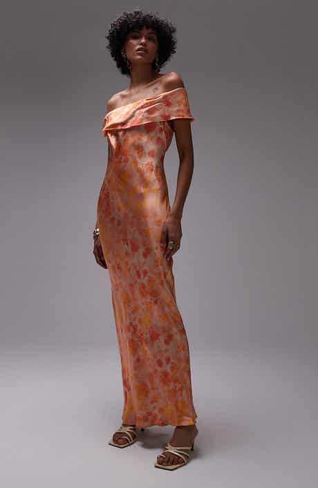 Topshop Abstract Print Off the Shoulder Satin Maxi Dress