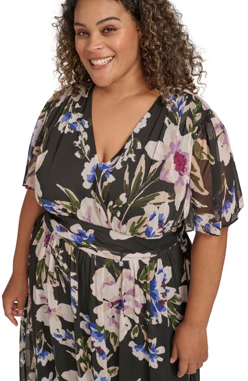 Calvin Klein Plus Size Floral-print Flutter-sleeve Chiffon Dress In Black Multi