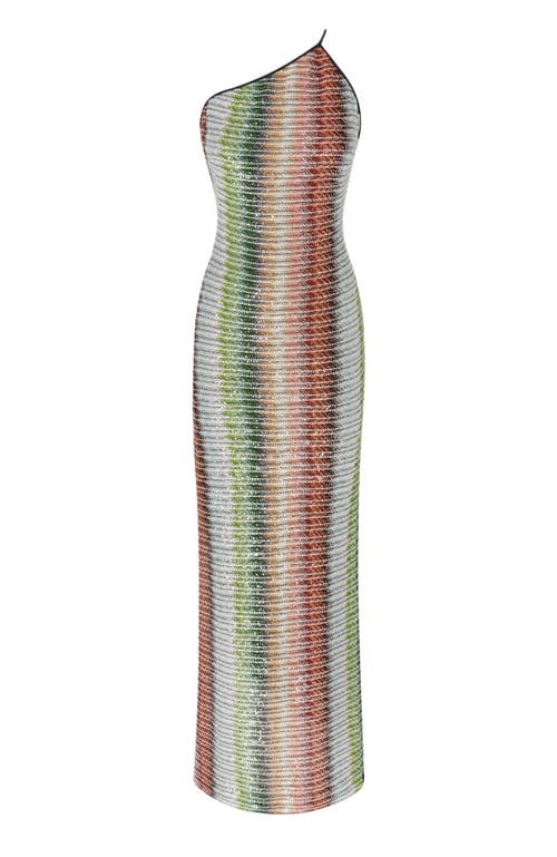 Missoni Womens Green Red And Sky Tones Striped One-shoulder-strap Knitted Maxi Dress In Multicoloured