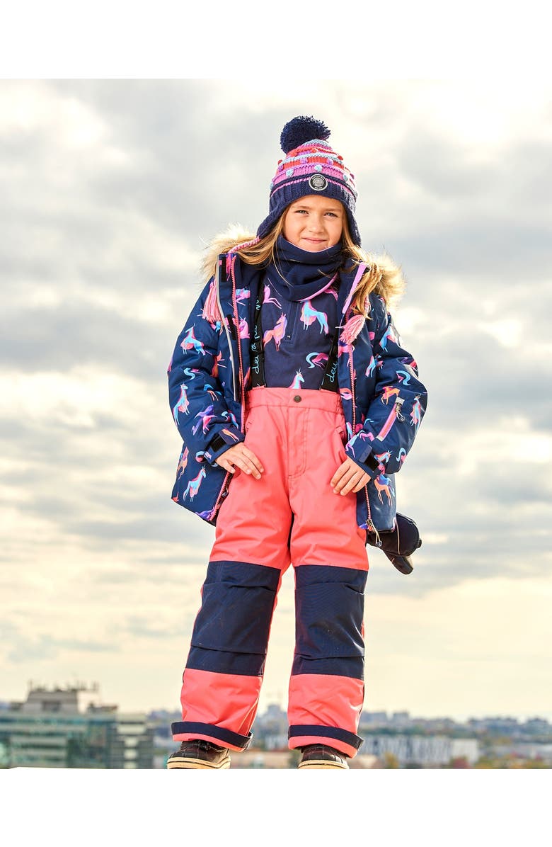 Deux par Deux Little Girl's Two Piece Snowsuit Navy Printed Unicorns And Coral, Alternate, color, 
